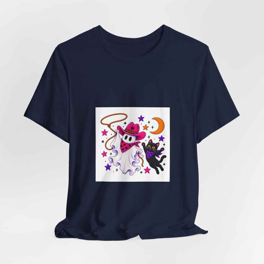 Halloween Ghost Cat T‑Shirt — Cute Witchy Ghost & Black Cat Tee