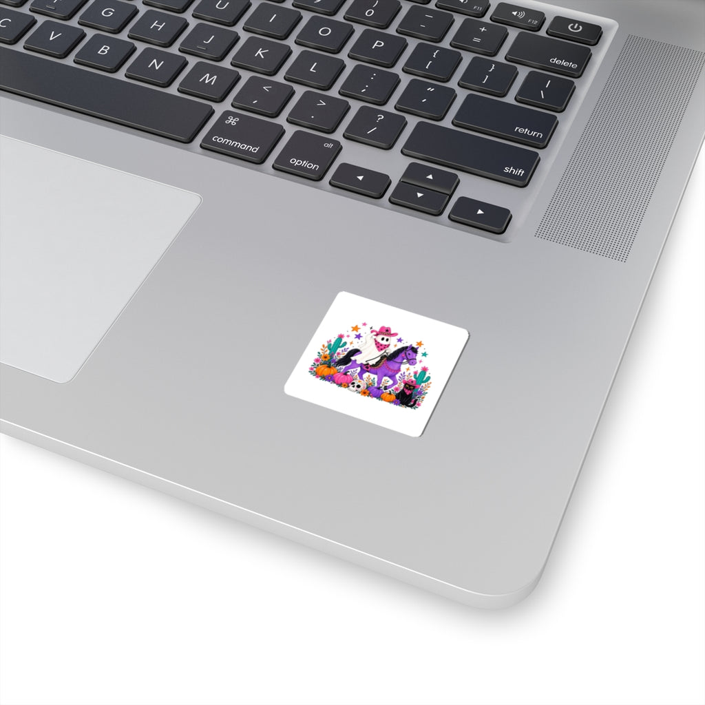 Halloween Ghost Cowboy Sticker — Cute Purple Horse, Pumpkins & Black Cat Kiss-Cut Decal