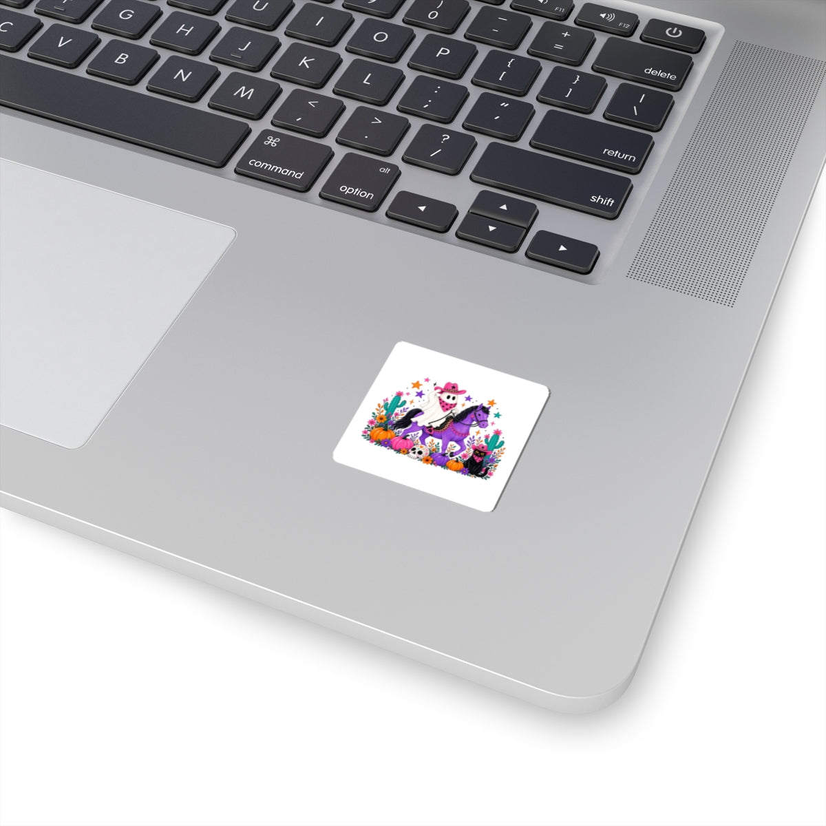 Halloween Ghost Cowboy Sticker — Cute Purple Horse, Pumpkins & Black Cat Kiss-Cut Decal