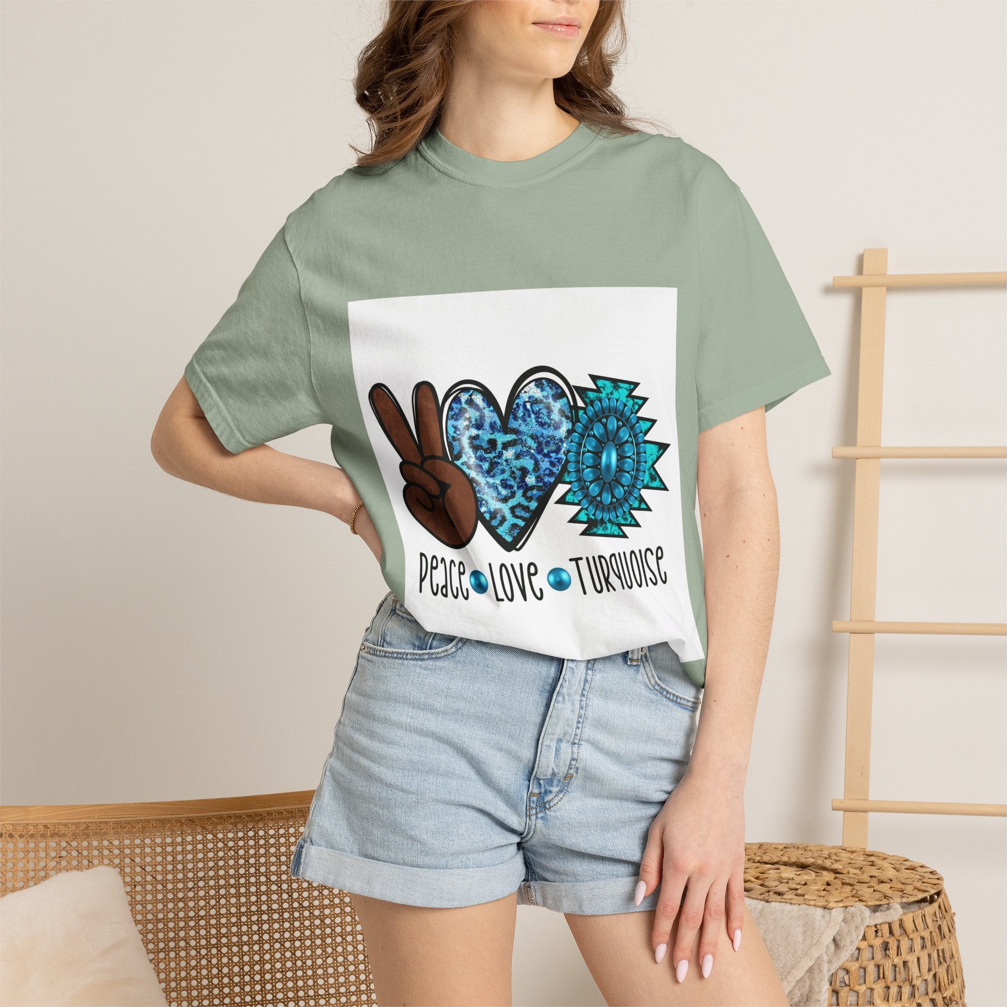 Peace Love Turquoise T-Shirt — Boho Peace Sign & Heart Graphic Tee