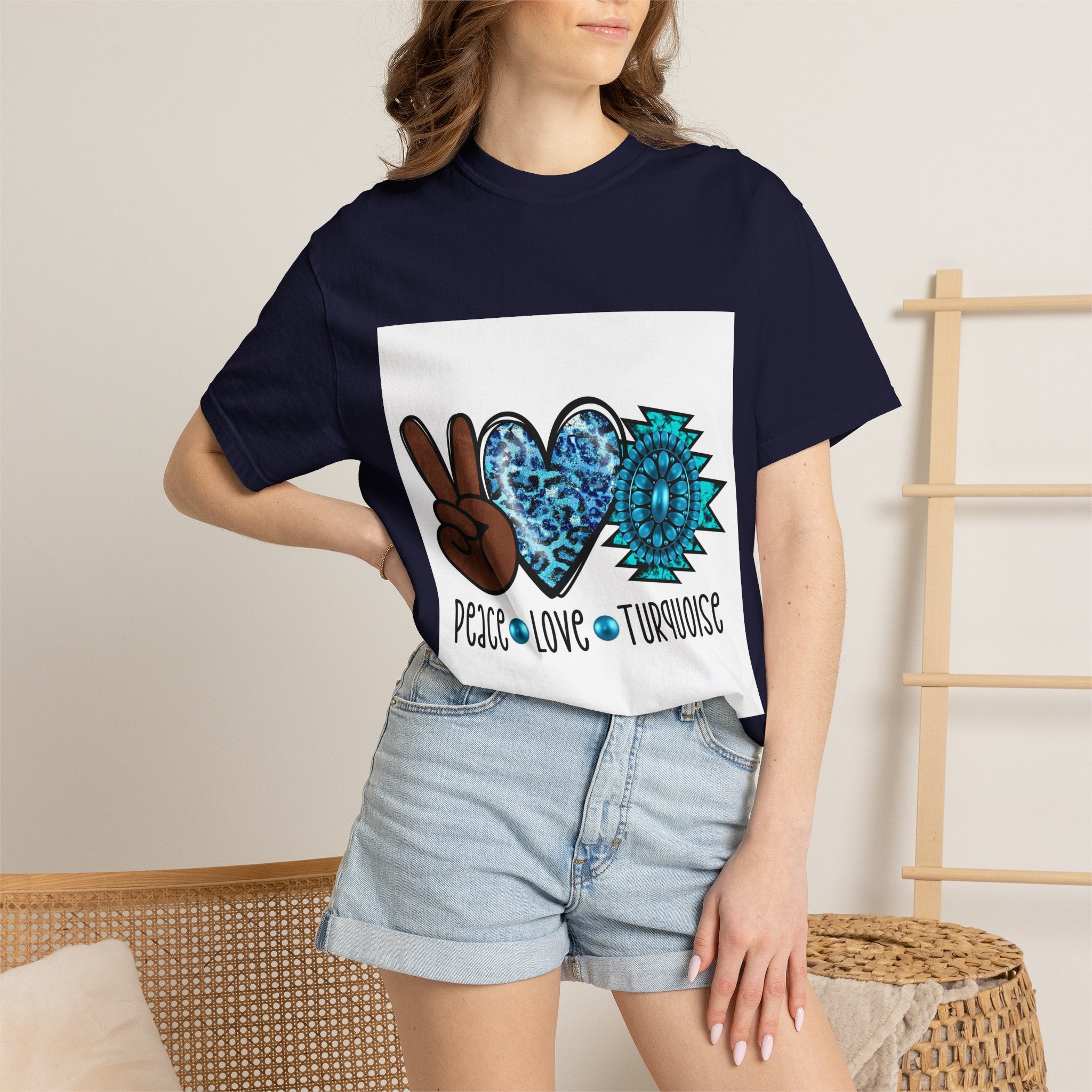 Peace Love Turquoise T-Shirt — Boho Peace Sign & Heart Graphic Tee