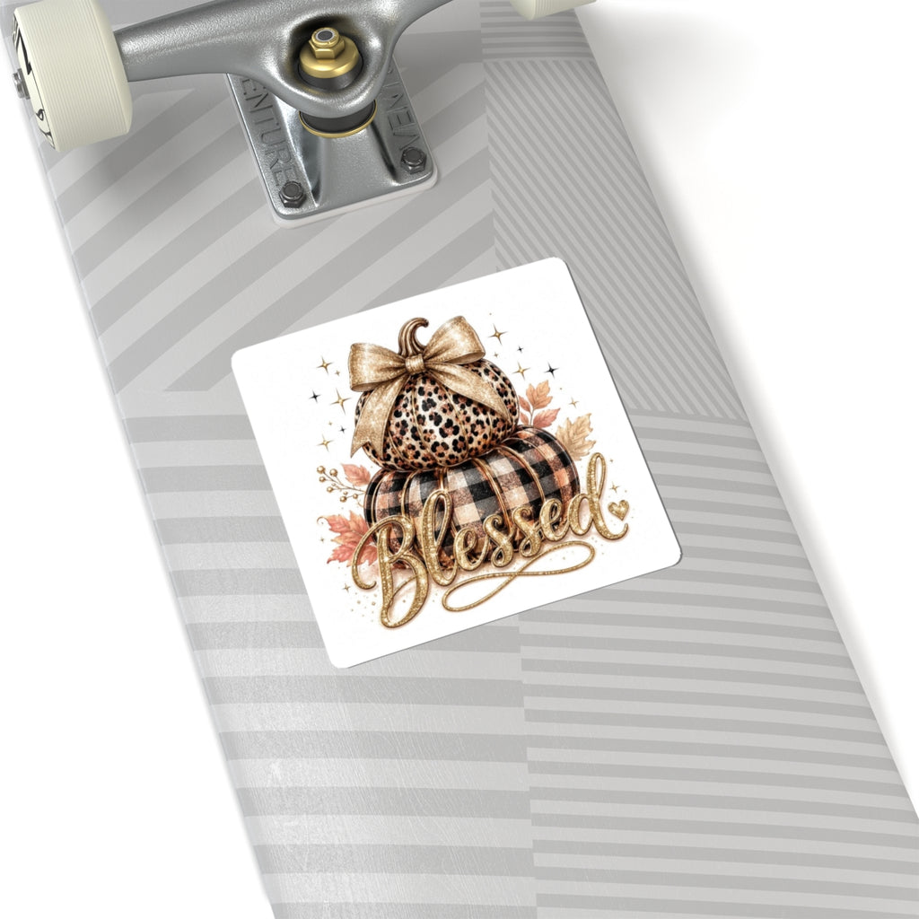 Blessed Fall Pumpkin Sticker — Leopard & Buffalo Plaid Kiss-Cut Sticker