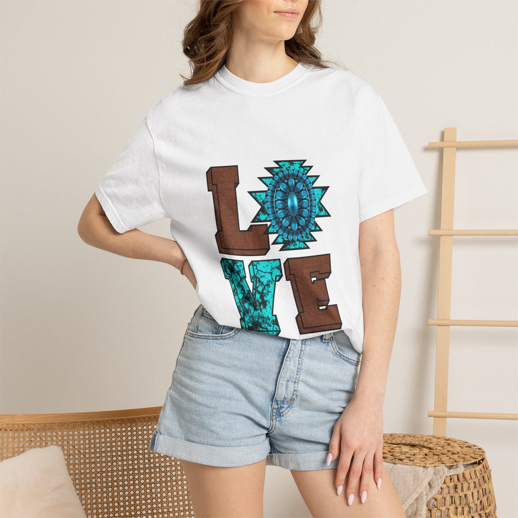 LOVE Southwestern Graphic T-Shirt — Turquoise Aztec Heart Design