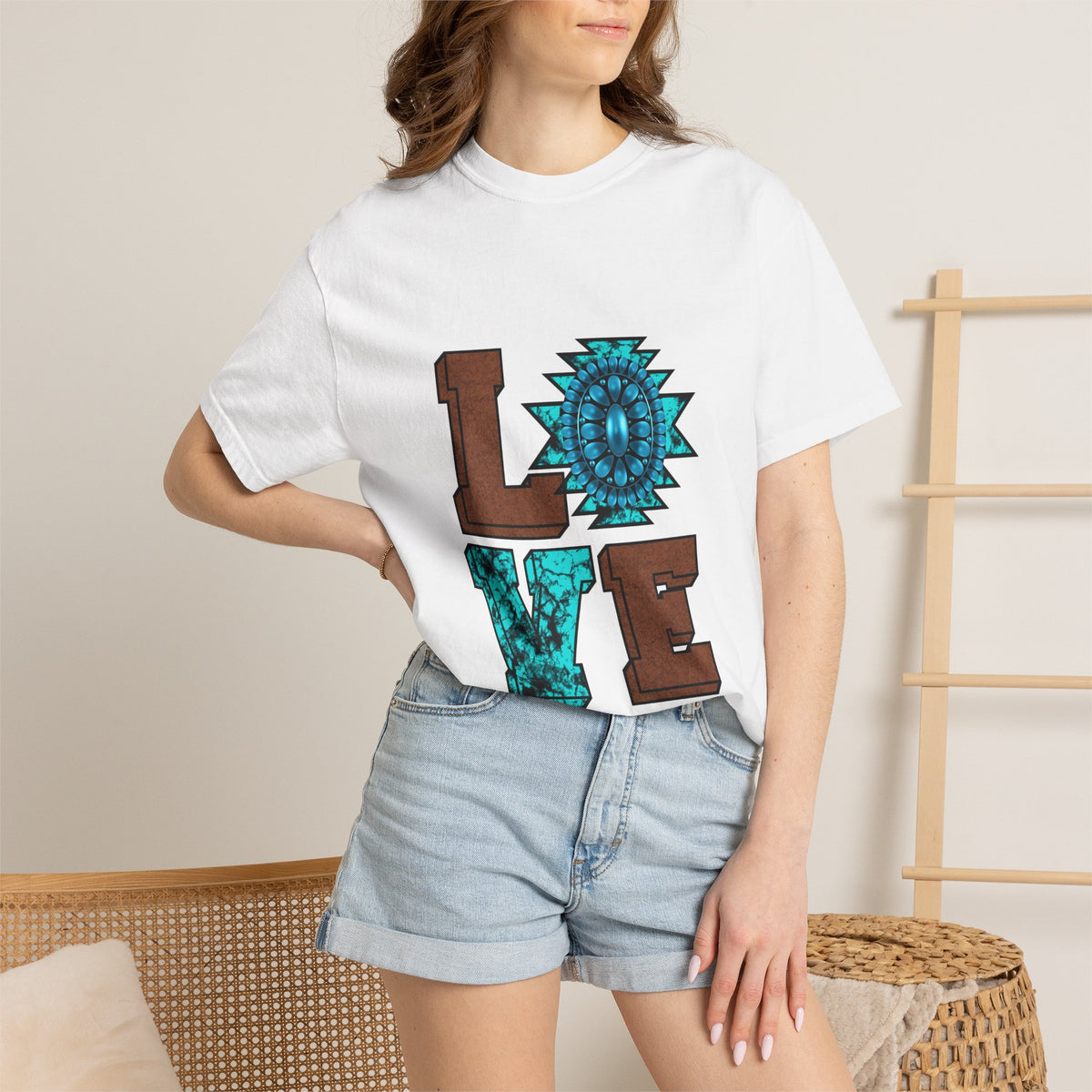 LOVE Southwestern Graphic T-Shirt — Turquoise Aztec Heart Design