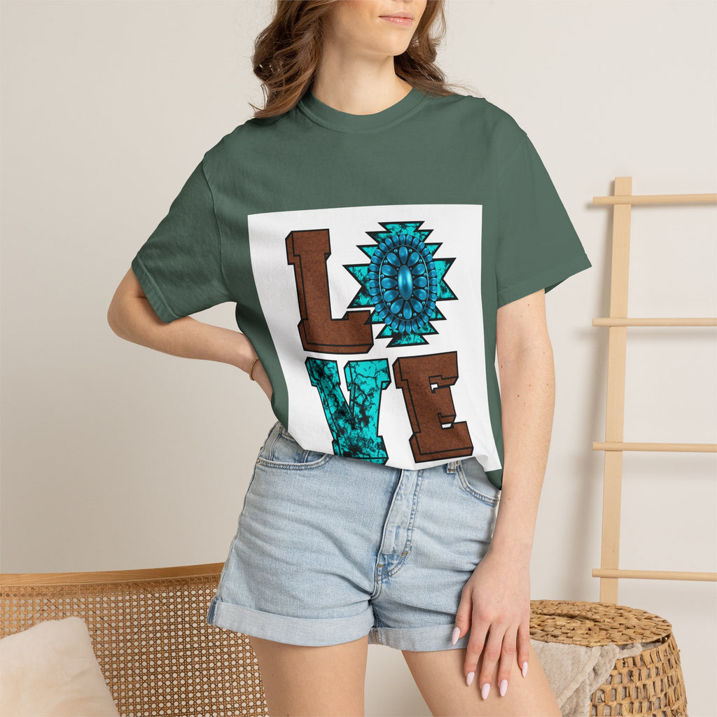 LOVE Southwestern Graphic T-Shirt — Turquoise Aztec Heart Design
