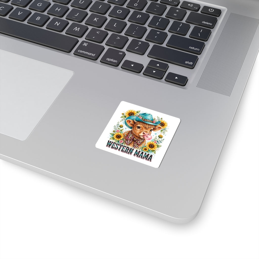 Western Mama Cow Sticker — Cute Cow in Cowboy Hat with Sunflowers (Kiss-Cut)