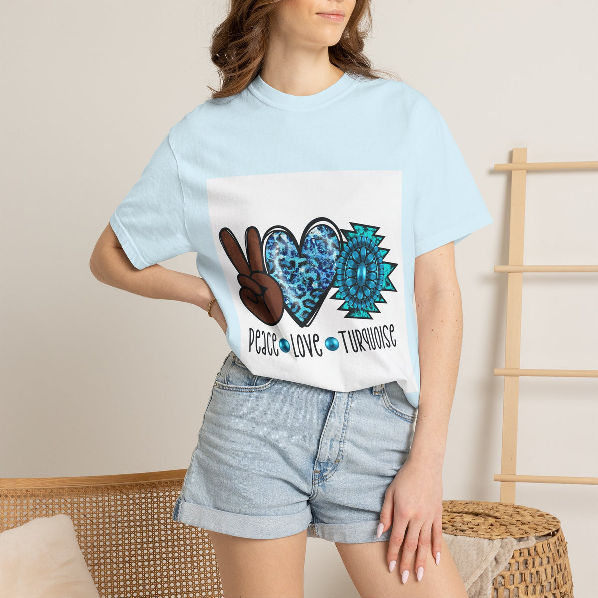 Peace Love Turquoise T-Shirt — Boho Peace Sign & Heart Graphic Tee