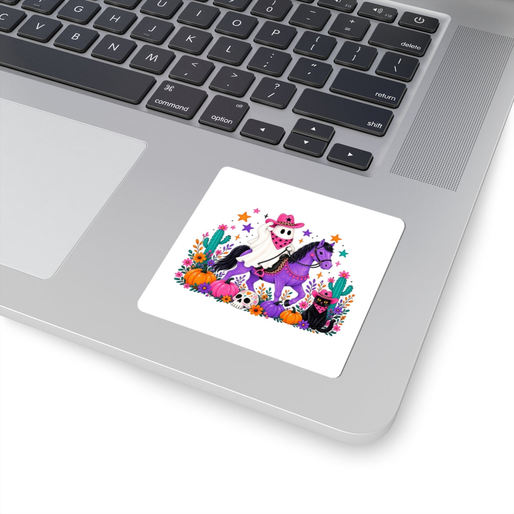 Halloween Ghost Cowboy Sticker — Cute Purple Horse, Pumpkins & Black Cat Kiss-Cut Decal