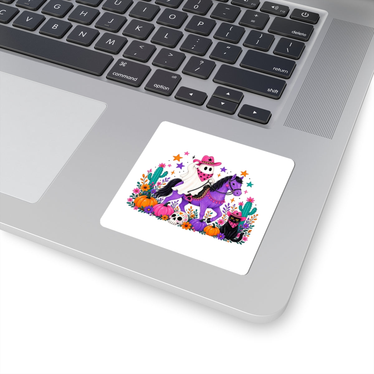 Halloween Ghost Cowboy Sticker — Cute Purple Horse, Pumpkins & Black Cat Kiss-Cut Decal