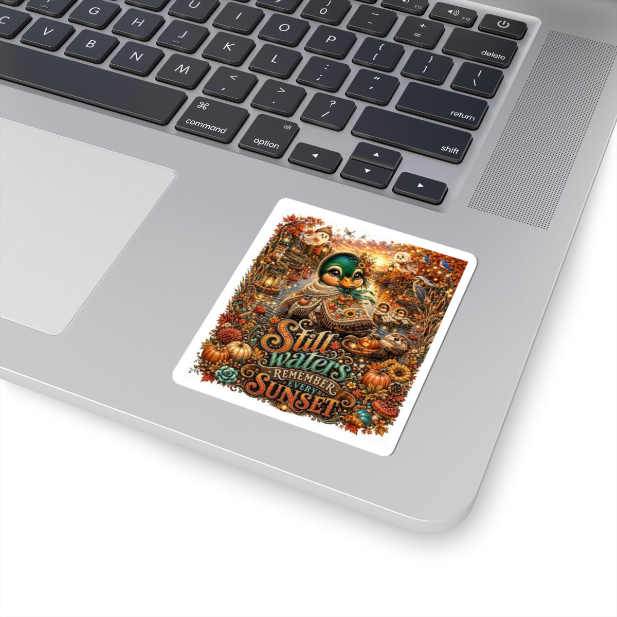 Fall Duck Sticker — "Still Waters Remember Every Sunset" Autumn Kiss-Cut Decal