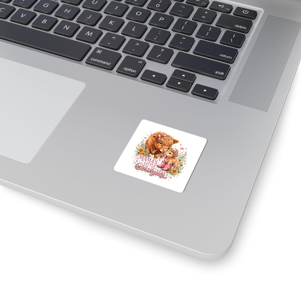 Mama’s Little Cowgirl Kiss-Cut Sticker — Adorable Highland Cow Mom & Calf Floral Decal
