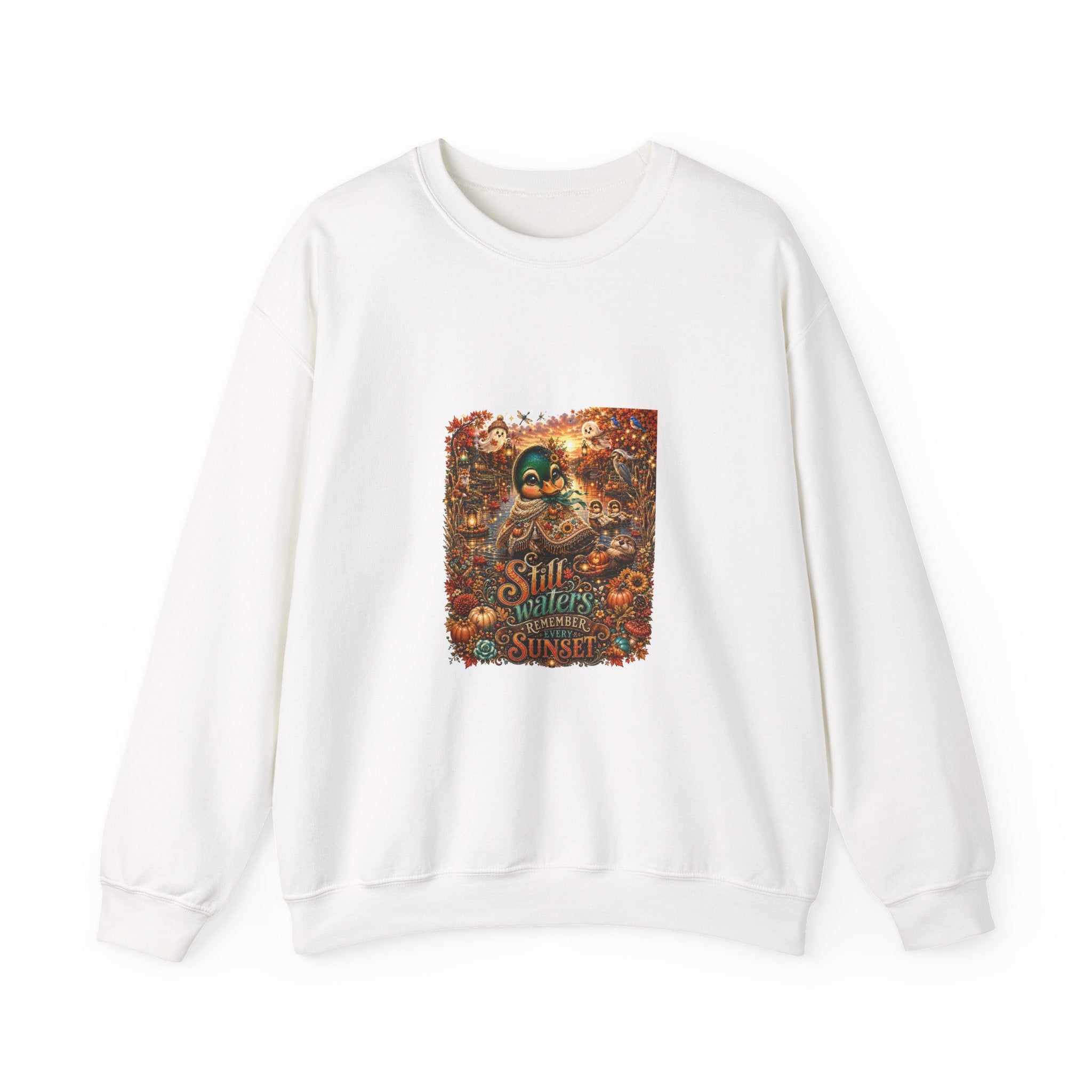 Autumn Sunset Skull Crewneck Sweatshirt – 'Still Waters' Vintage Halloween Graphic