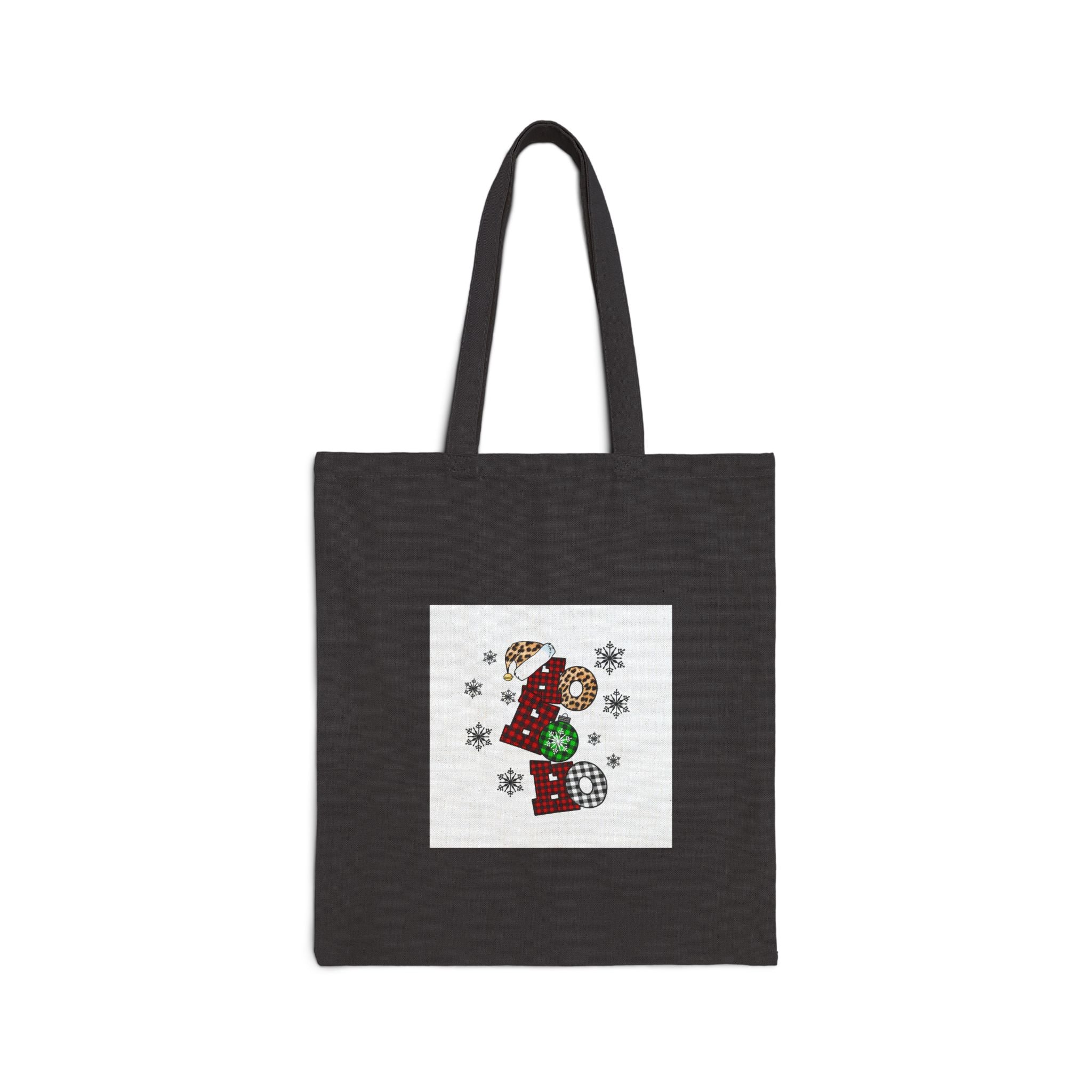 Canvas Tote Bag — 'Noel' Christmas Graphic with Plaid Ornaments & Snowflakes