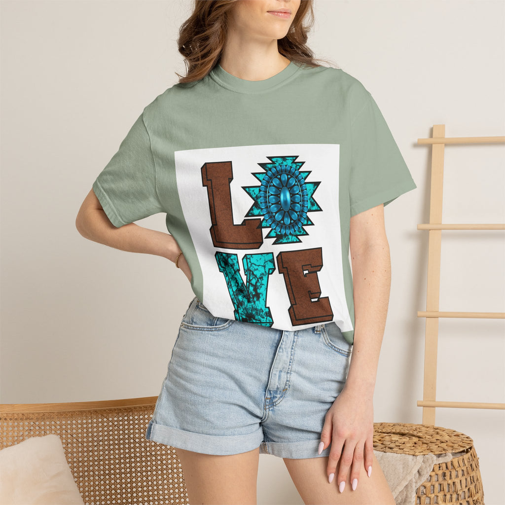 LOVE Southwestern Graphic T-Shirt — Turquoise Aztec Heart Design