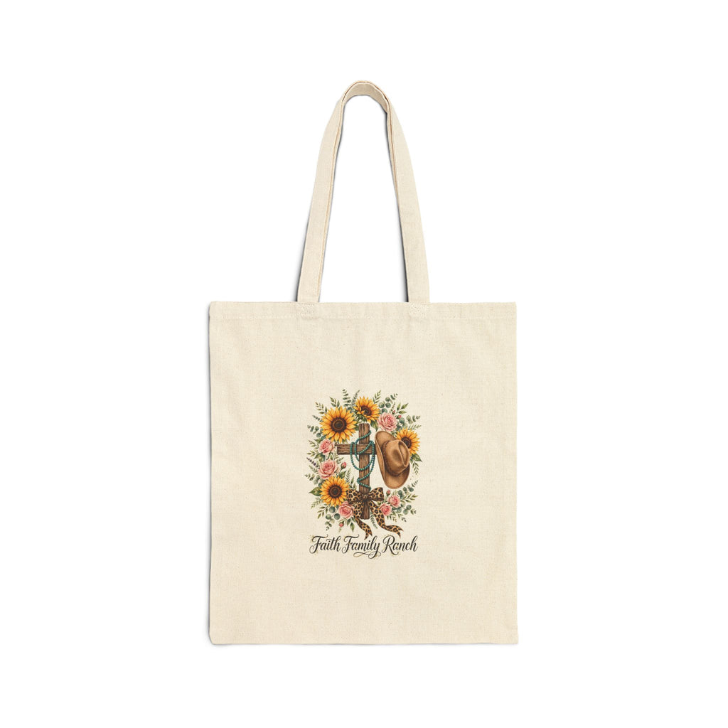 Sunflower Cross & Cowboy Boot Cotton Tote Bag — Faith Family Ranch Canvas Tote