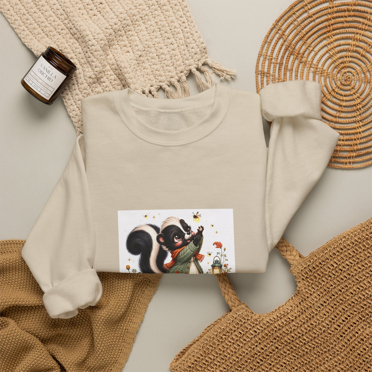 Skunk Holiday Crewneck Sweatshirt — "Chasing the Last Frost" Cute Winter Graphic