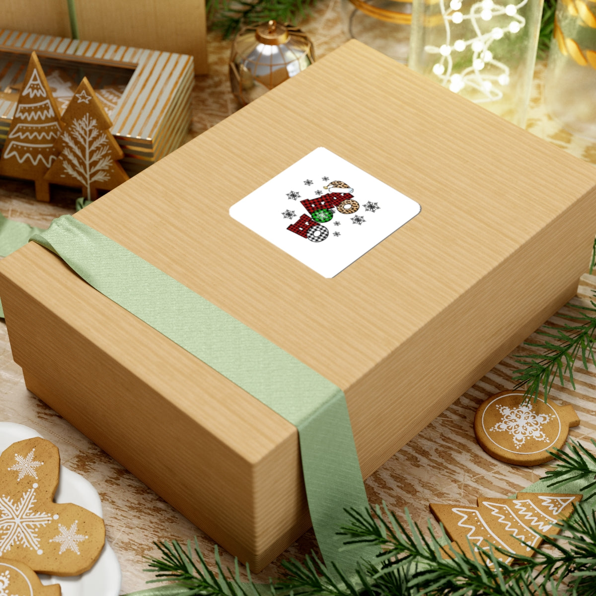 Holiday ‘Ho Ho Ho’ Plaid & Leopard Kiss-Cut Sticker — Christmas Snowflake Laptop Decal