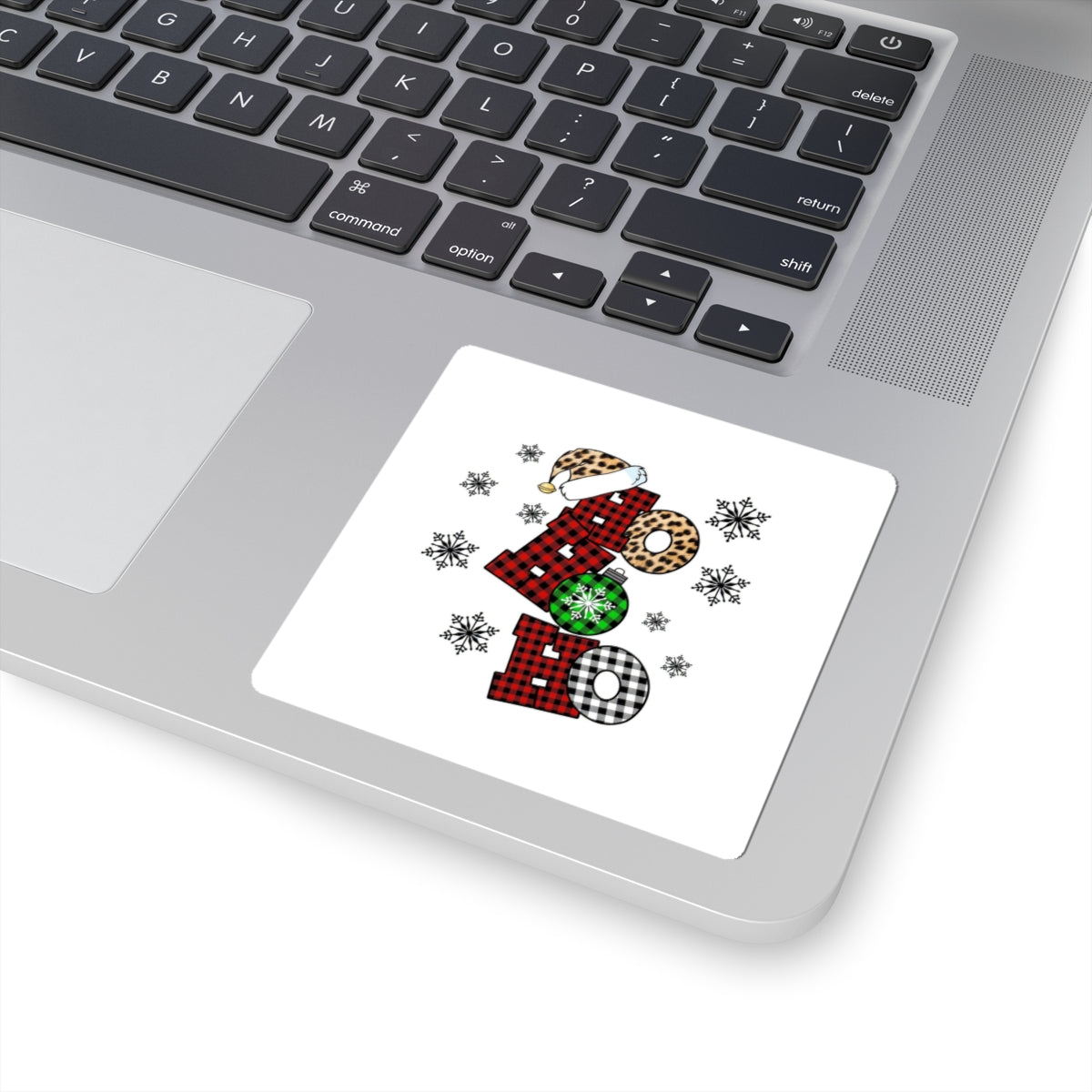 Holiday ‘Ho Ho Ho’ Plaid & Leopard Kiss-Cut Sticker — Christmas Snowflake Laptop Decal