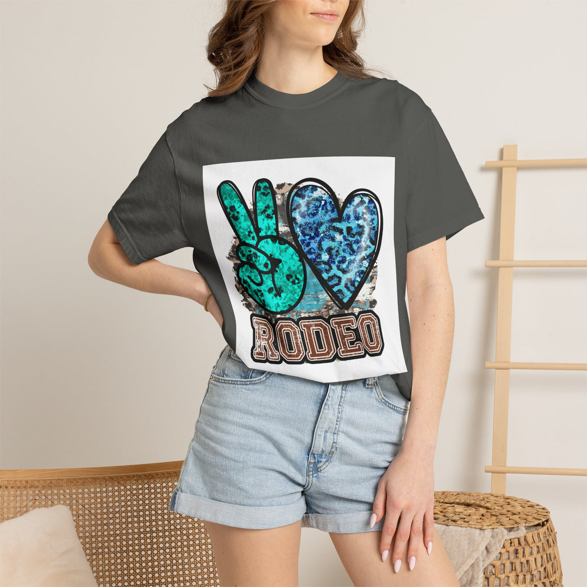 Peace Love Rodeo T‑Shirt — Turquoise Leopard Graphic Rodeo Tee