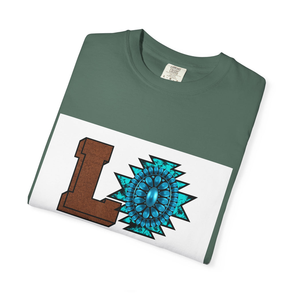 LOVE Southwestern Graphic T-Shirt — Turquoise Aztec Heart Design