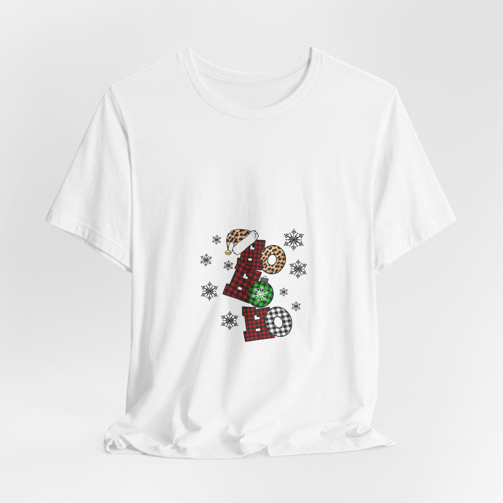 Ho Ho Ho Christmas Tee — Festive Plaid Santa Letters Shirt