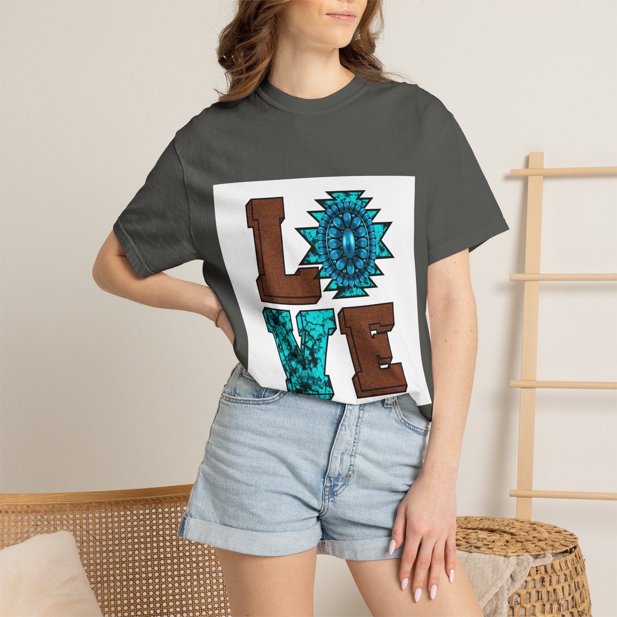 LOVE Southwestern Graphic T-Shirt — Turquoise Aztec Heart Design