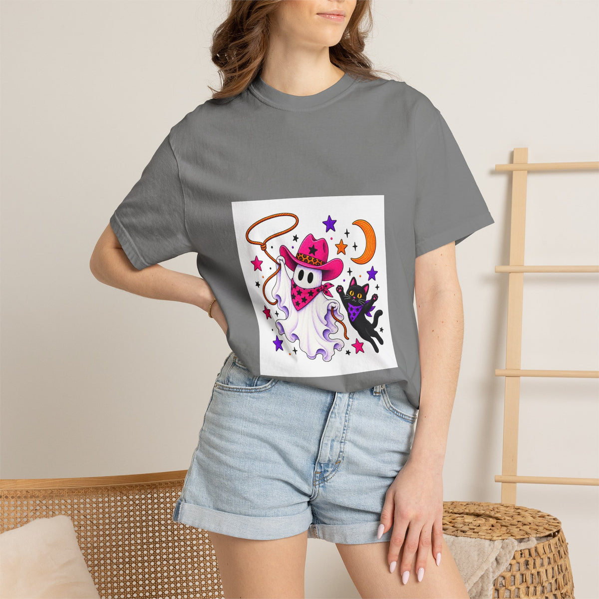 Cowboy Ghost and Black Cat Halloween T-Shirt
