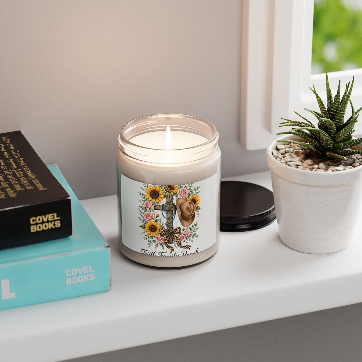 Faith Family Farmhouse Soy Candle — Sunflower Cross & Cowboy Hat 9oz