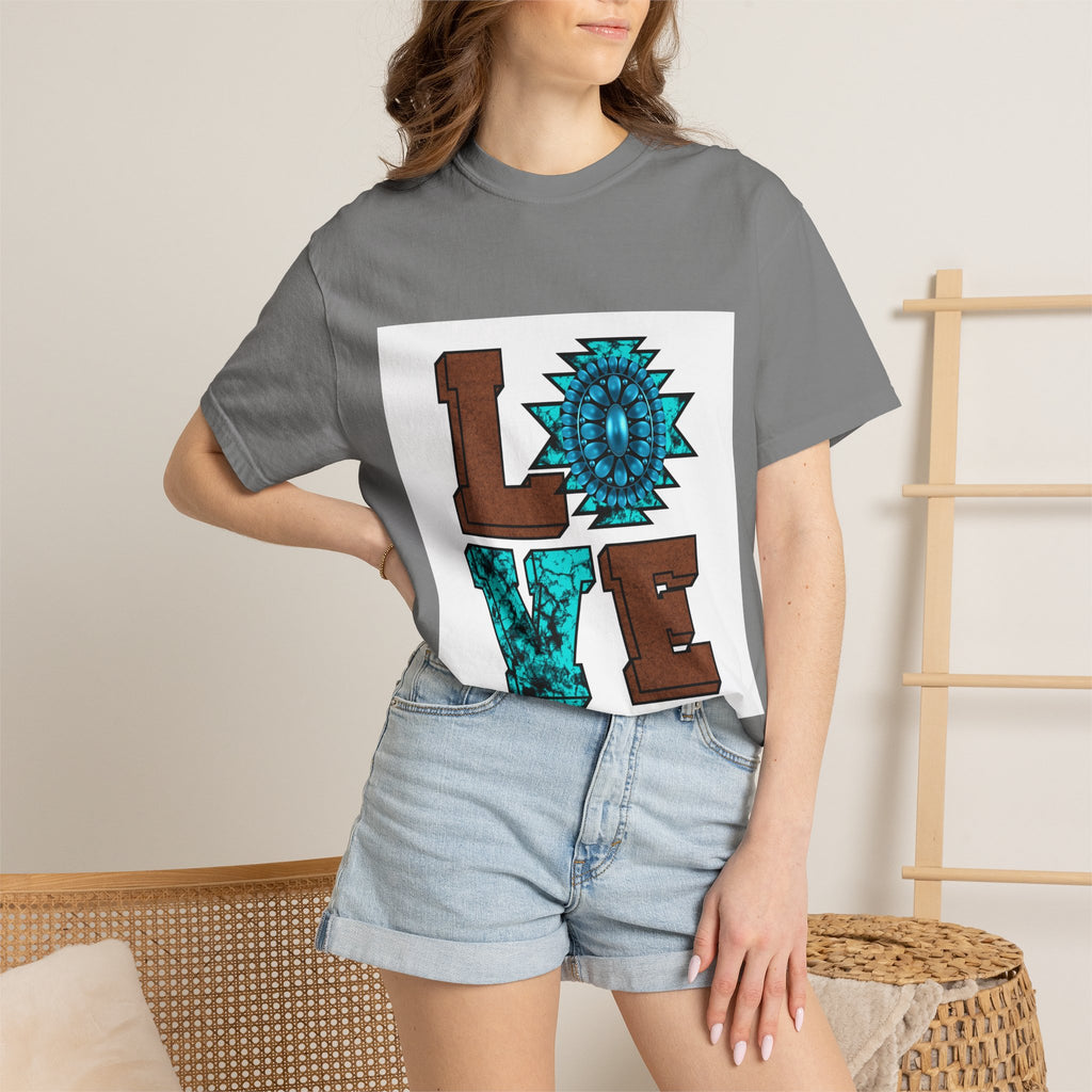 LOVE Southwestern Graphic T-Shirt — Turquoise Aztec Heart Design