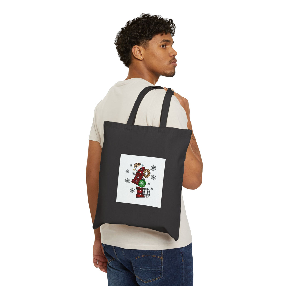 Canvas Tote Bag — 'Noel' Christmas Graphic with Plaid Ornaments & Snowflakes