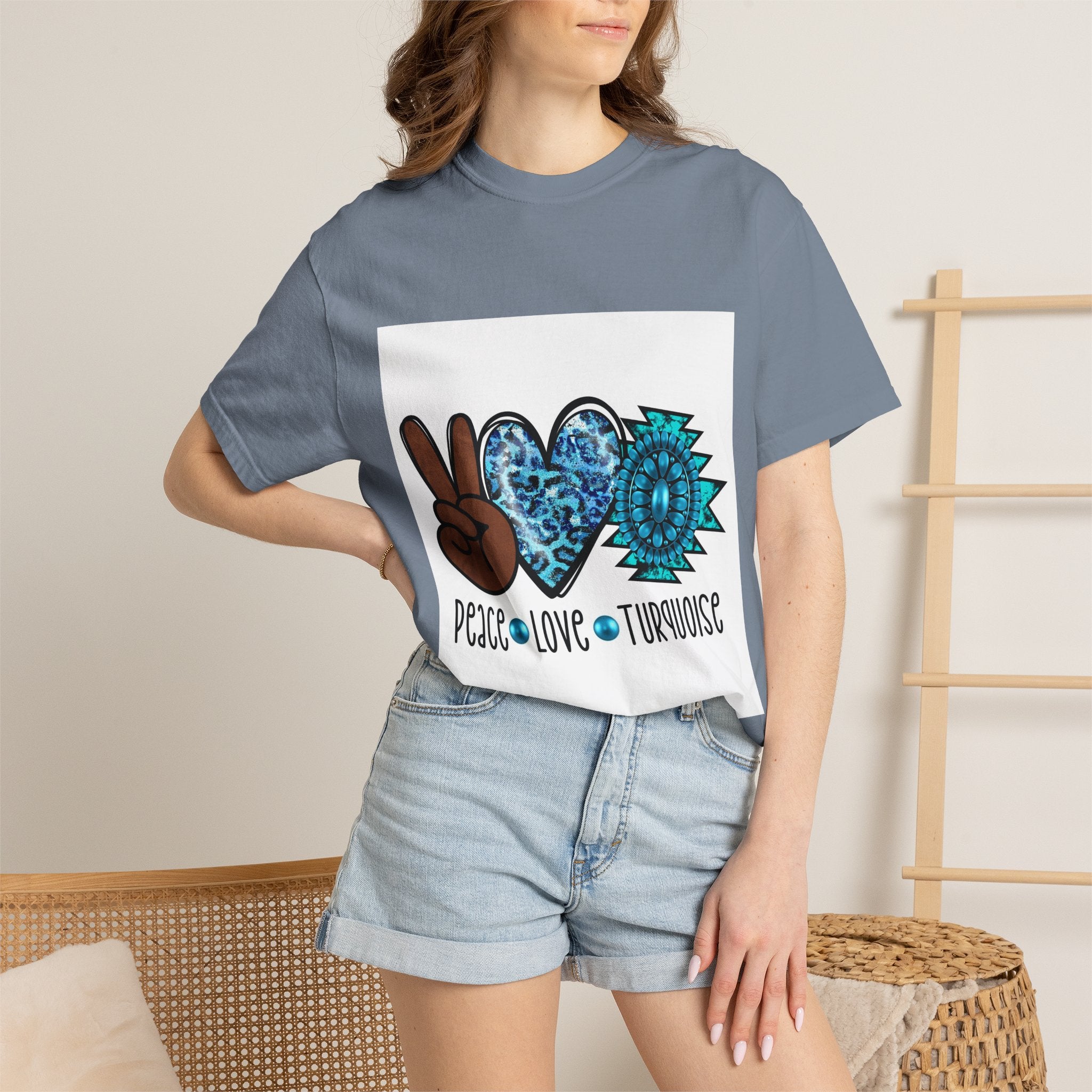 Peace Love Turquoise T-Shirt — Boho Peace Sign & Heart Graphic Tee