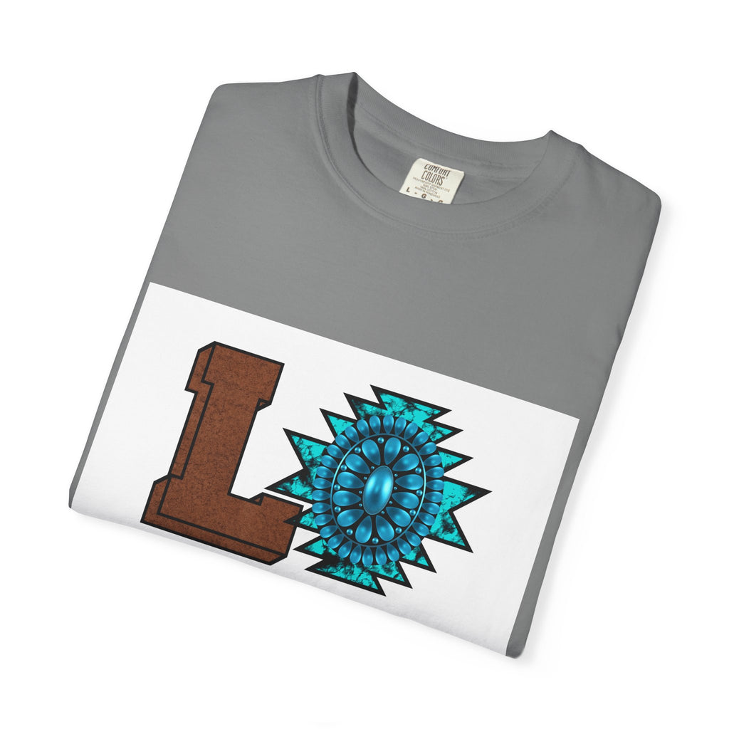 LOVE Southwestern Graphic T-Shirt — Turquoise Aztec Heart Design