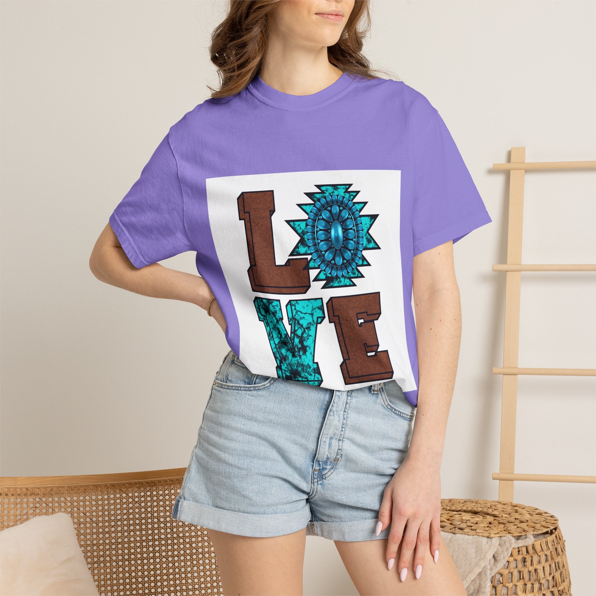 LOVE Southwestern Graphic T-Shirt — Turquoise Aztec Heart Design