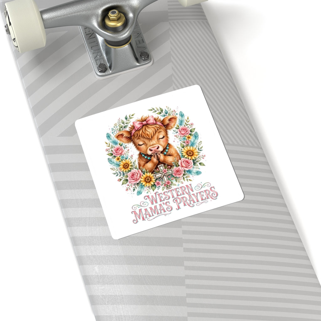 Western Mama’s Prayers Kiss-Cut Sticker — Cute Praying Calf Floral Vinyl Sticker