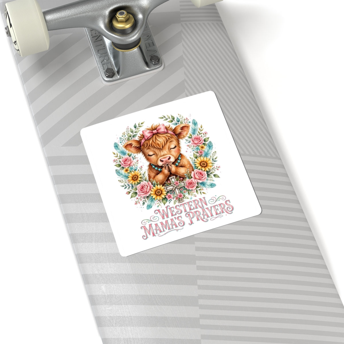 Western Mama’s Prayers Kiss-Cut Sticker — Cute Praying Calf Floral Vinyl Sticker