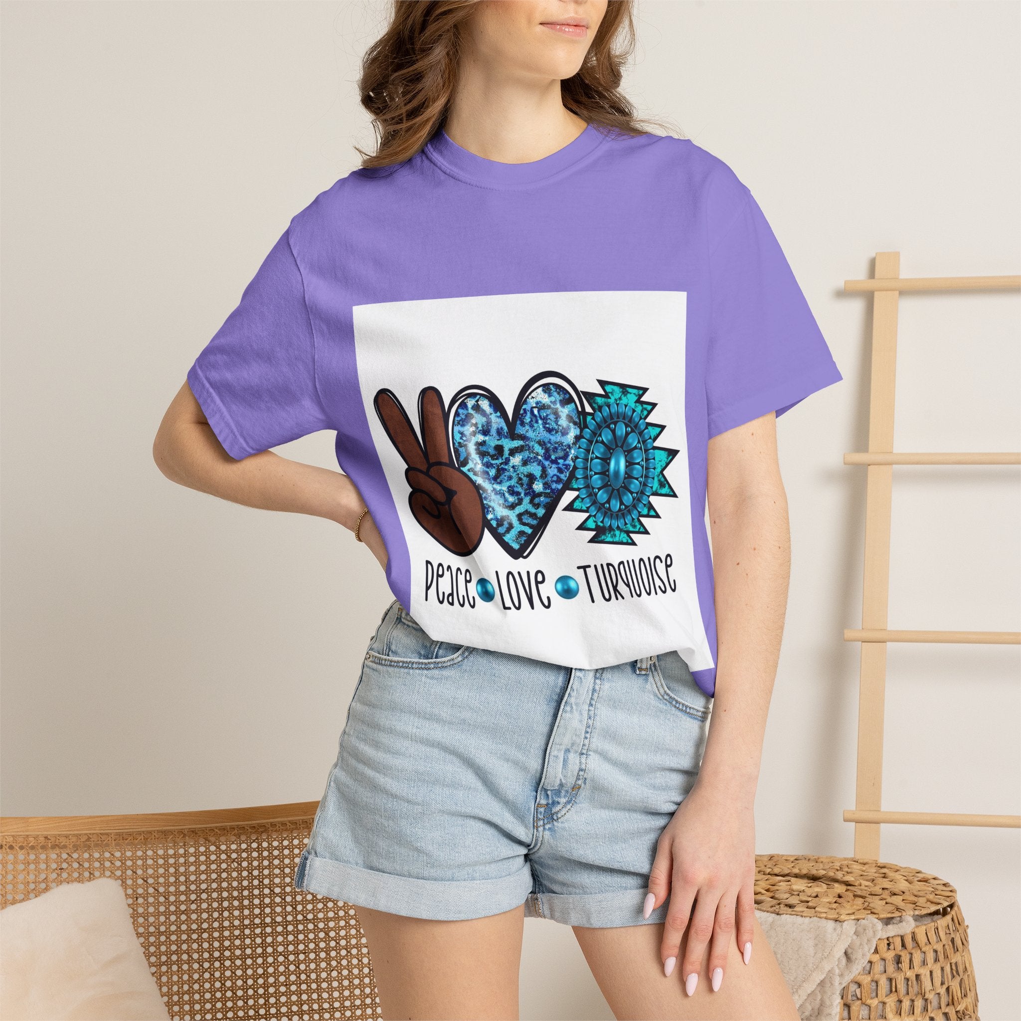 Peace Love Turquoise T-Shirt — Boho Peace Sign & Heart Graphic Tee