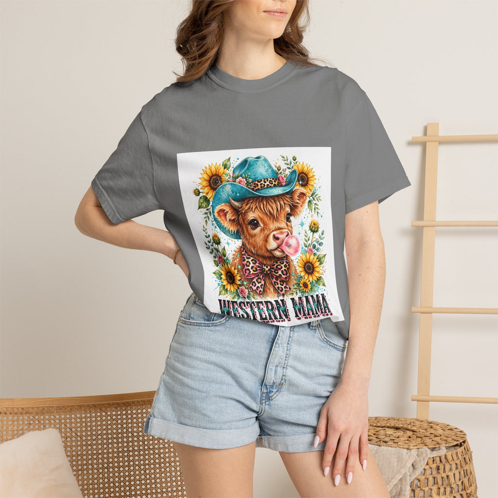 Western Mama Cow Tee — Cute Cow with Cowboy Hat & Sunflowers Graphic T-Shirt