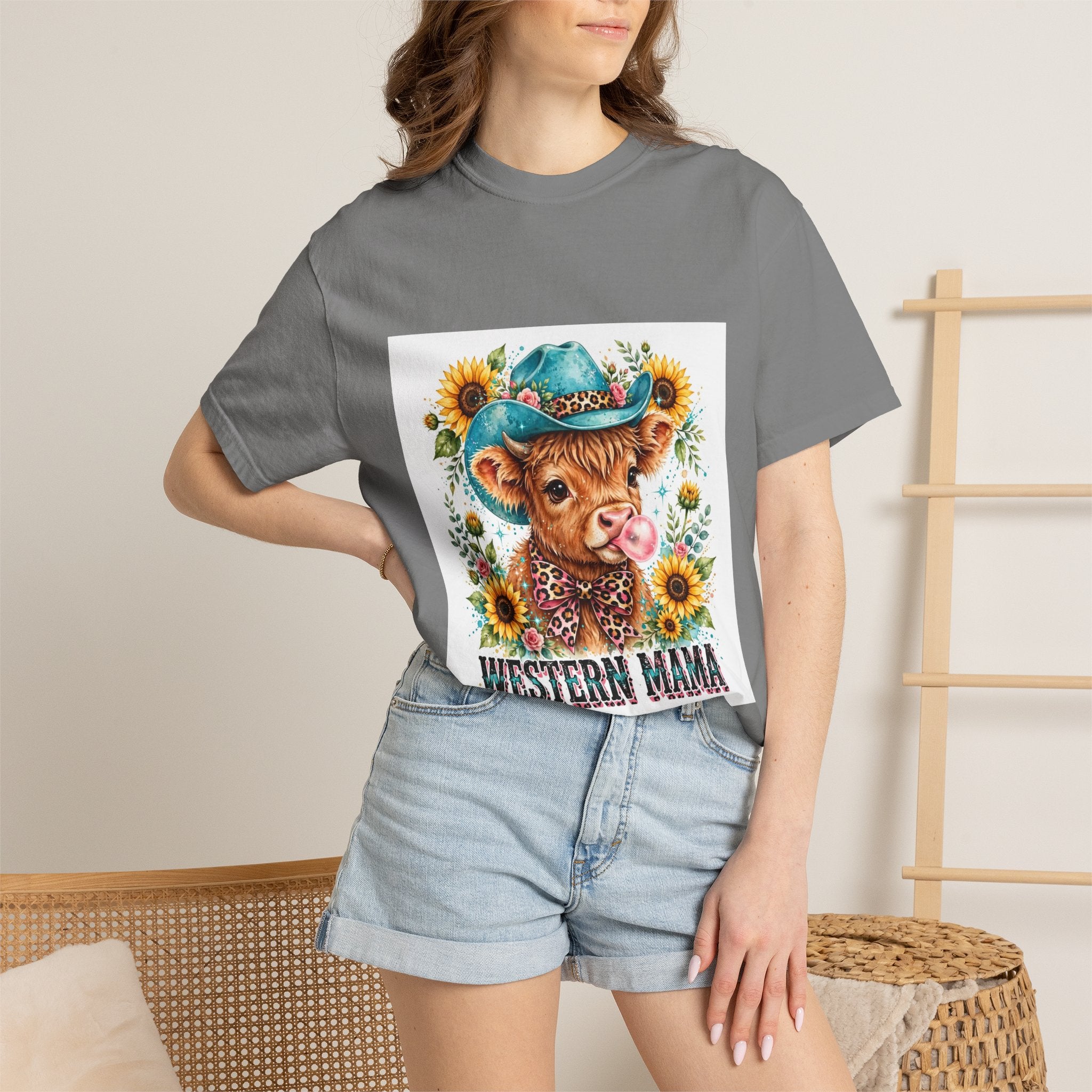 Western Mama Cow Tee — Cute Cow with Cowboy Hat & Sunflowers Graphic T-Shirt