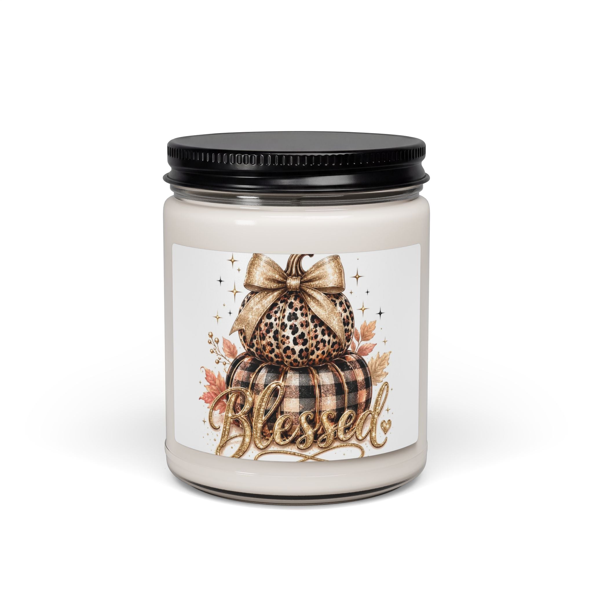 Blessed Fall Pumpkin Soy Candle — 9oz Scented Jar (Leopard & Buffalo Plaid)