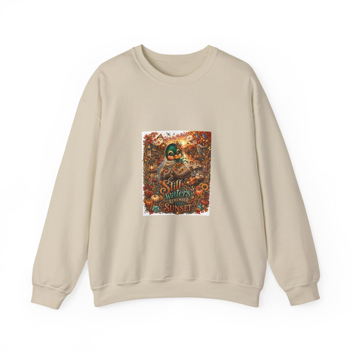 Autumn Sunset Skull Crewneck Sweatshirt – 'Still Waters' Vintage Halloween Graphic