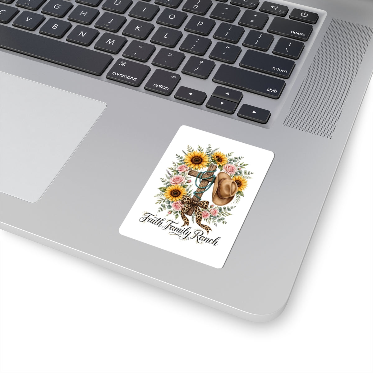 Faith Family Ranch Sunflower Cross Sticker — Western Cowboy Hat Kiss-Cut Decal