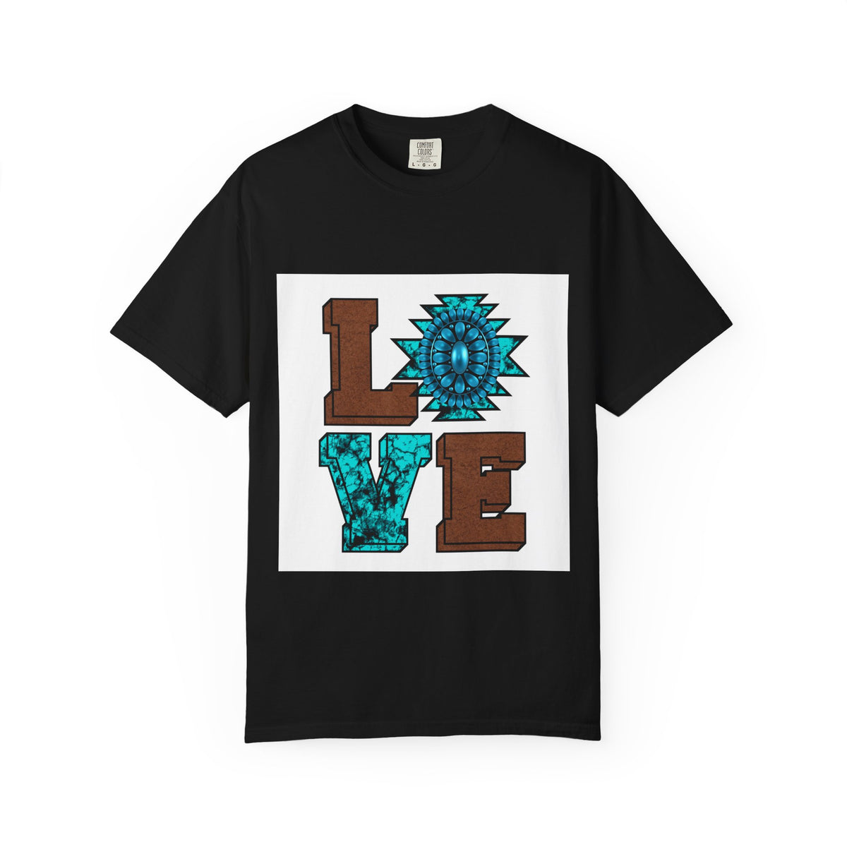 LOVE Southwestern Graphic T-Shirt — Turquoise Aztec Heart Design