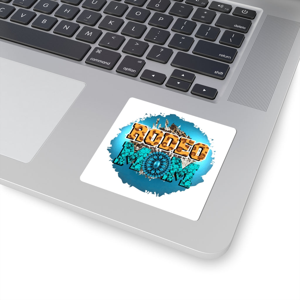 Rodeo Mom Kiss-Cut Sticker — Turquoise Western Cowhide Design