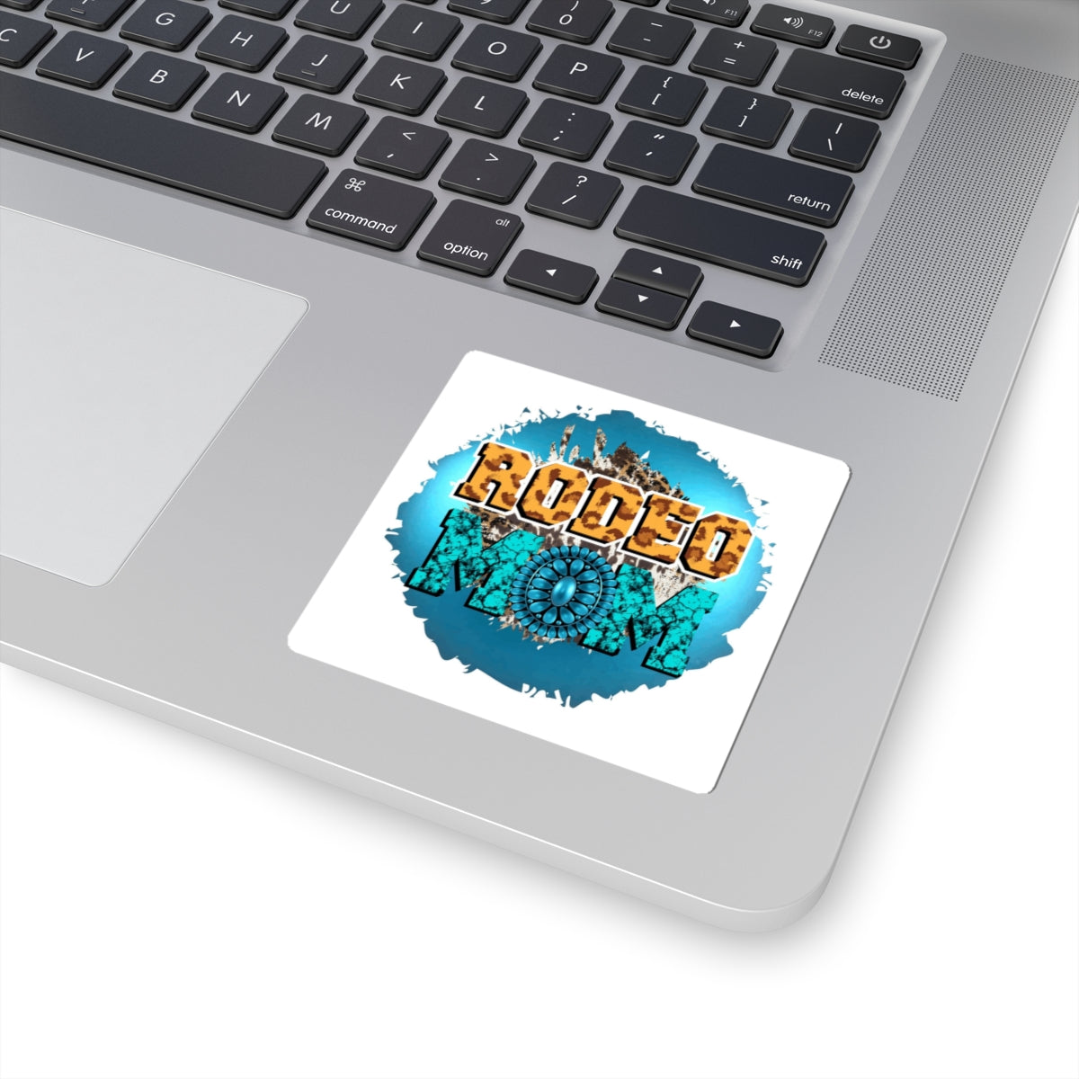 Rodeo Mom Kiss-Cut Sticker — Turquoise Western Cowhide Design