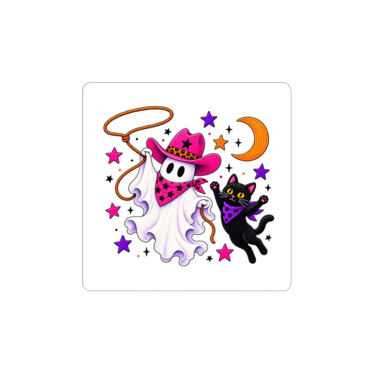 Cowgirl Ghost & Black Cat Sticker — Cute Halloween Kiss-Cut Decal