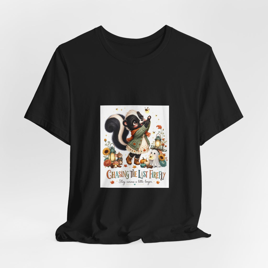 Skunk & Pumpkins Fall Tee — “Chasing the Last Firefly” Cute Autumn Graphic Shirt