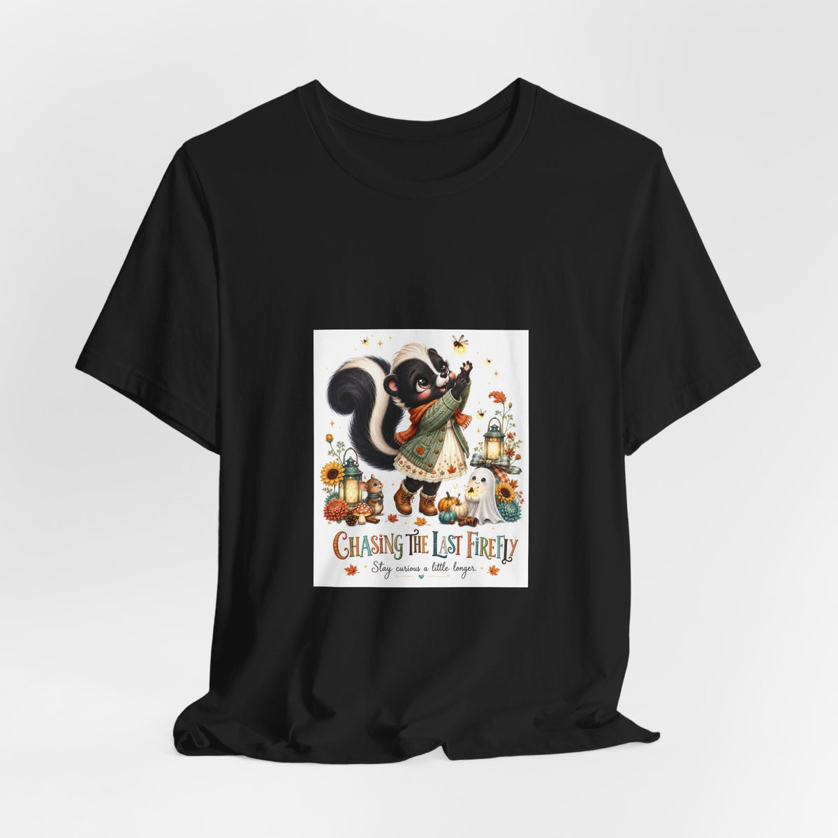 Skunk & Pumpkins Fall Tee — “Chasing the Last Firefly” Cute Autumn Graphic Shirt