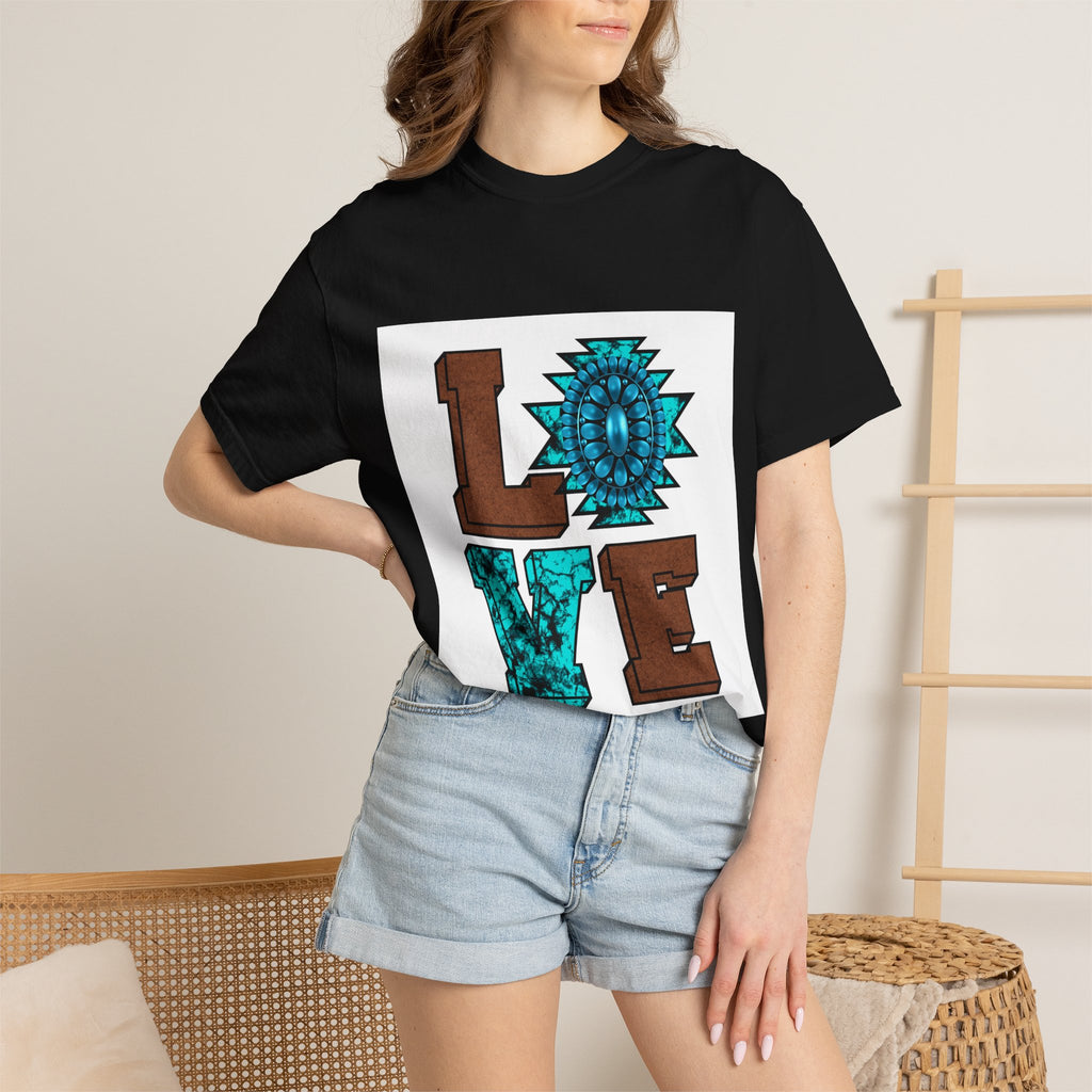 LOVE Southwestern Graphic T-Shirt — Turquoise Aztec Heart Design