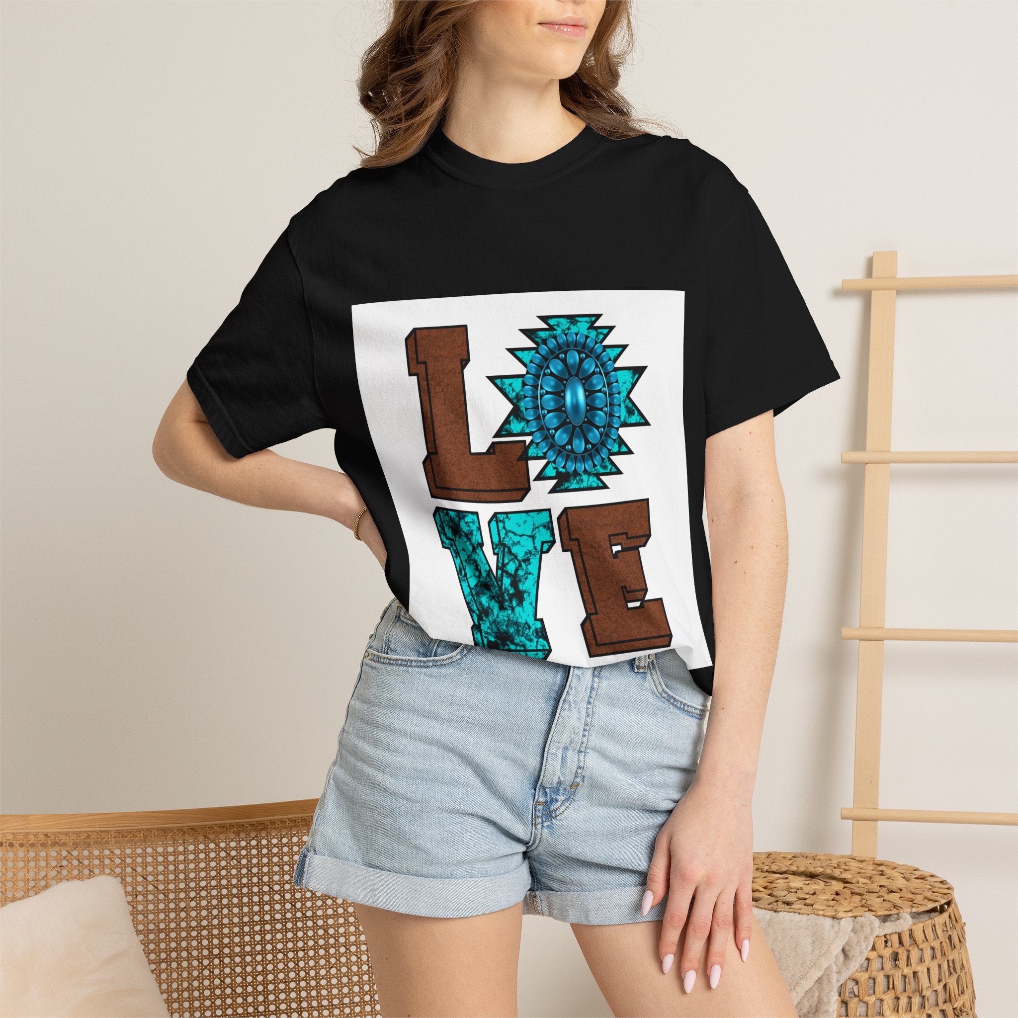 LOVE Southwestern Graphic T-Shirt — Turquoise Aztec Heart Design