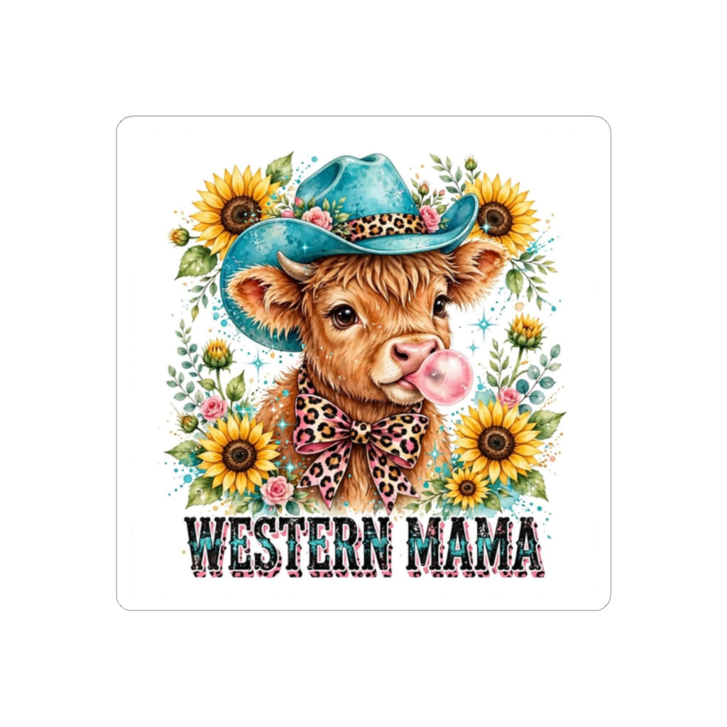 Western Mama Cow Sticker — Cute Cow in Cowboy Hat with Sunflowers (Kiss-Cut)